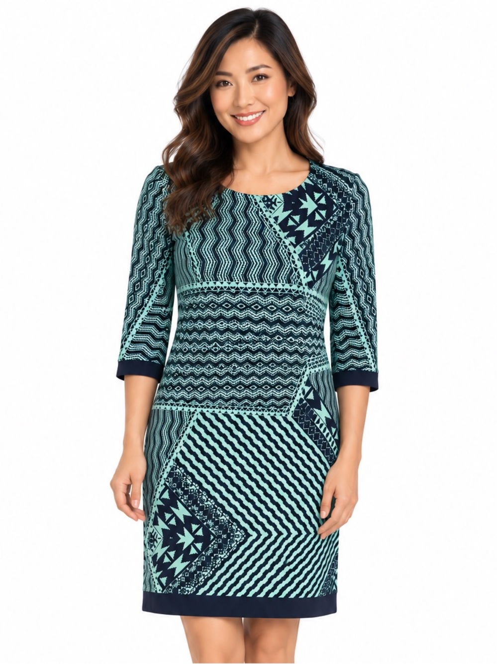 Donna Ricco Dress Size 8 Black Mint Aqua Geometric Print Shift Detail